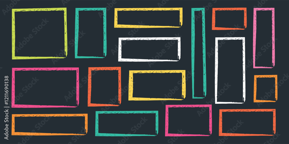 Crayon frame shapes set. Hand drawn color border of wax crayons, childish text box. Kids grunge backgrounds with chalk doodle sketch. Kindergarten collage designs, textbox brush. Vector illustration