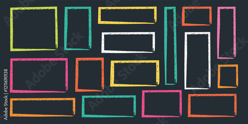 Crayon frame shapes set. Hand drawn color border of wax crayons, childish text box. Kids grunge backgrounds with chalk doodle sketch. Kindergarten collage designs, textbox brush. Vector illustration