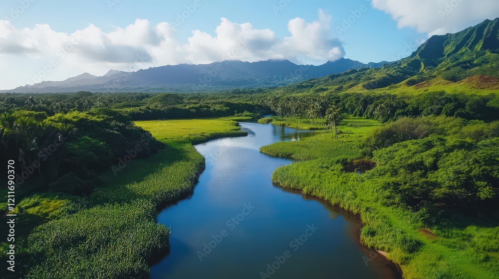 A scenic drone shot of a winding river surrounded by lush greenery, perfect for reflection. A scenic drone shot of a winding river surrounded by lush greenery, perfect for reflection.