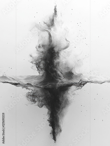 Abstract smoke and fluid patterns with a black and white contrast, featuring flowing curves, light effects, and a skull-like shape, blending beauty and movement in a dynamic design photo