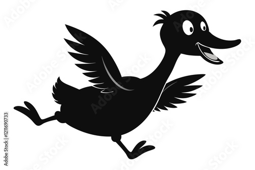 black silhouette a funny cartoon goose jumping Isolated on white background