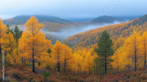 Golden Larch Forest in Autumn Mountains: Breathtaking Scenery