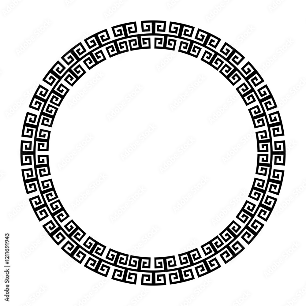 Monochrome round frame for design with Chinese ornament, meander. Round frame with greek motifs. Circle frame. For card, invitation, textile, engraving, wooden carving, embroidery, porcelain Monochrome round frame for design with Chinese ornament, meander. Round frame with greek motifs. Circle frame. For card, invitation, textile, engraving, wooden carving, embroidery, porcelain