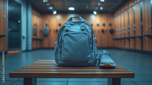 Gym locker room backpack shoes bench
