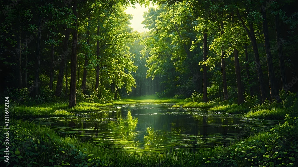 Obraz premium Tranquil Forest Scene with Lush Greenery and Reflective Water Pool