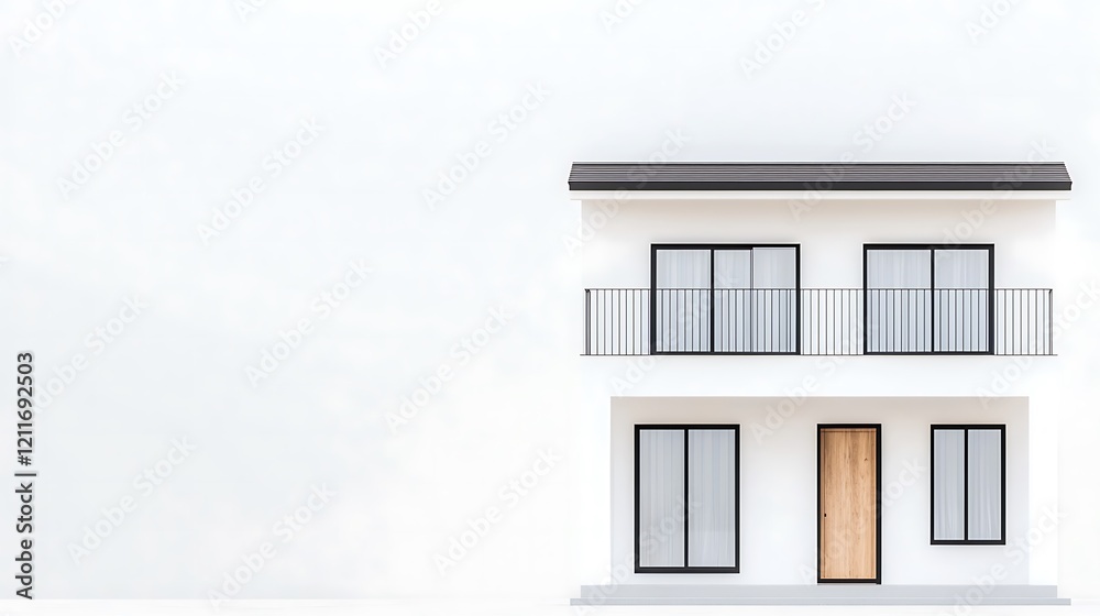 A modern, minimalist two-story house with large windows and a wooden door, showcasing a simple yet elegant architectural design. A modern, minimalist two-story house with large windows and a wooden door, showcasing a simple yet elegant architectural design.