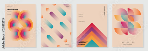 Collection of 70s color gradient poster background vector. Set of retro wall decoration, groovy, trippy, geometric shape. Vintage hippie wall art for interior, decorative, banner, cover, card.