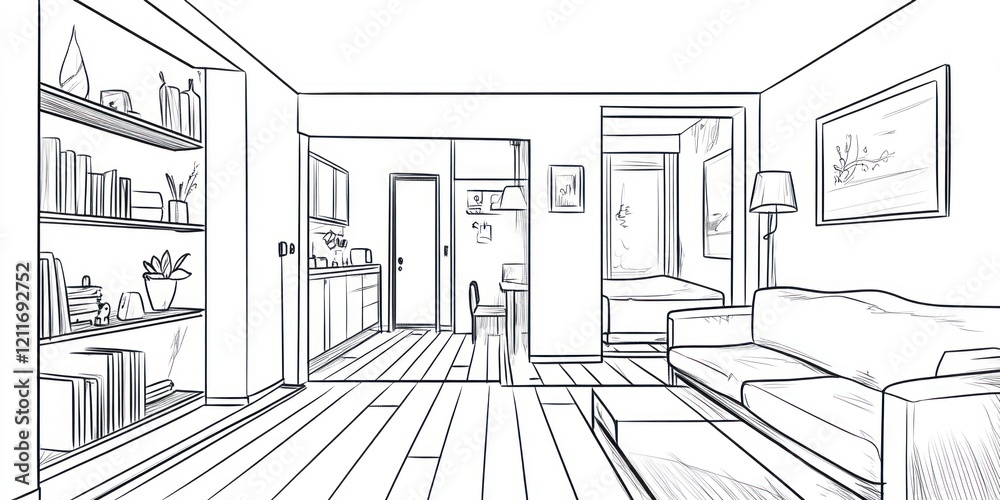 Fototapeta premium Modern Apartment Sketch Showing Living Room and Kitchen Area