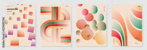 Collection of 70s color gradient poster background vector. Set of retro wall decoration, groovy, trippy, geometric shape. Vintage hippie wall art for interior, decorative, banner, cover, card.