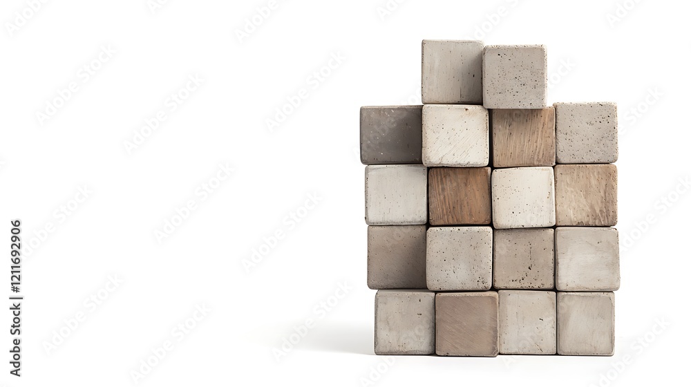 A collection of concrete blocks stacked in a structured manner, showcasing various shades of gray and brown. A collection of concrete blocks stacked in a structured manner, showcasing various shades of gray and brown.