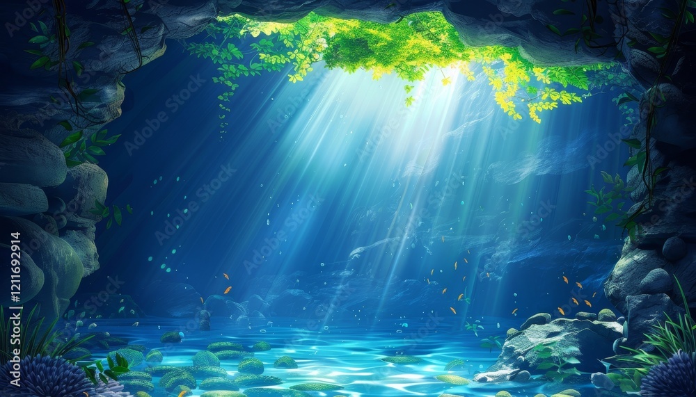 Obraz premium A view into a dark cave with a bright light shining through the opening and water in the cave.