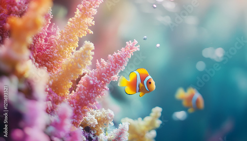 Clownfish Swimming Near Colorful Coral in Underwater Setting

