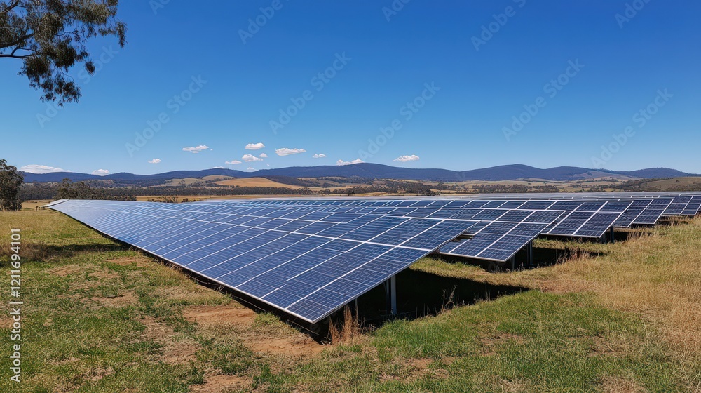 A solar farm under a clear blue sky, showcasing renewable energy technology.
