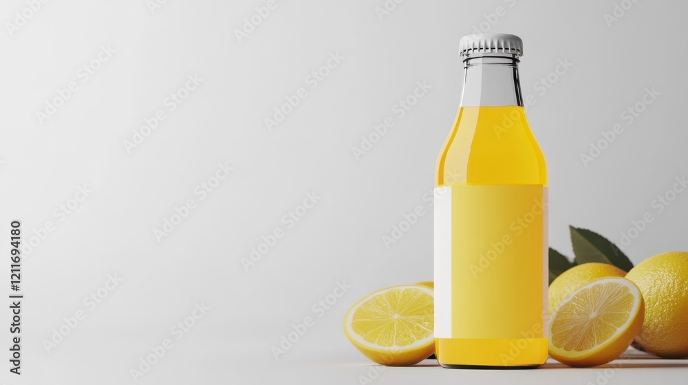 Glass Bottle of Lemon Juice Mockup with Copy Space Glass Bottle of Lemon Juice Mockup with Copy Space