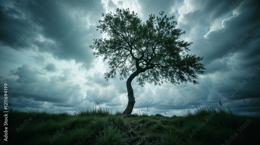 Dark clouds loom over a solitary tree on a grassy hill at dusk Dark clouds loom over a solitary tree on a grassy hill at dusk