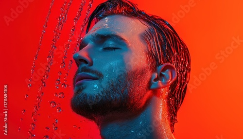 Stylish portrait of a man with wet hair and confident poise, suitable for high-end grooming campaigns, luxury lifestyle photography, or product branding photo