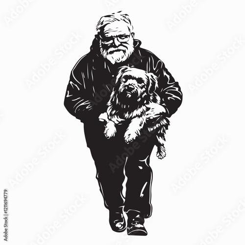 An Old Man Walking Slowly While Carrying His Beloved Dog Along the Road vector image.