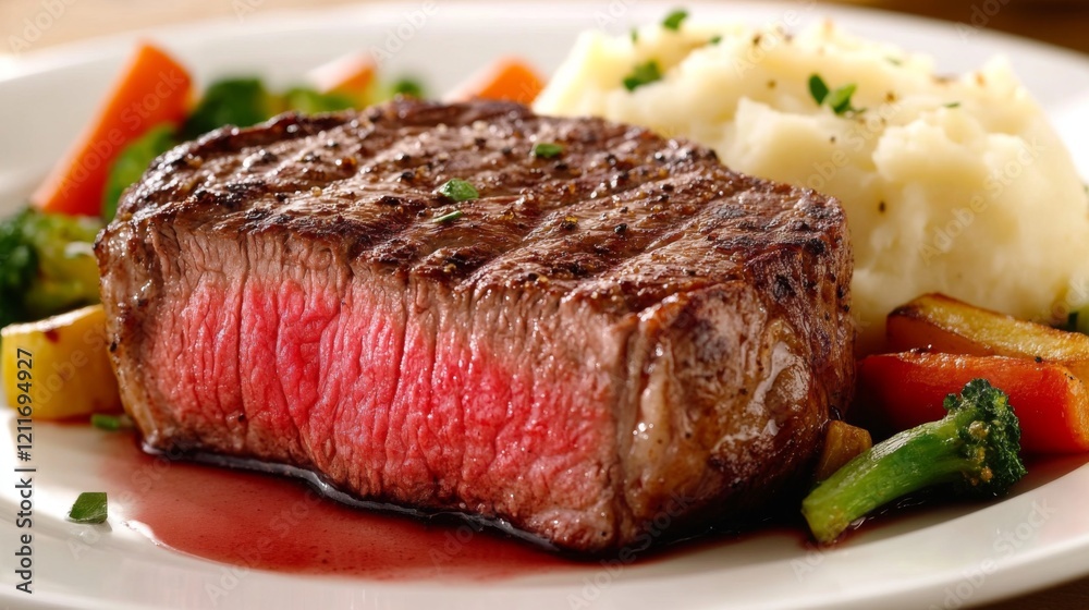A close-up shot of a mouthwatering medium-rare steak, sliced to reveal its tender pink center, plated with sauted vegetables and mashed potatoes A close-up shot of a mouthwatering medium-rare steak, sliced to reveal its tender pink center, plated with sauted vegetables and mashed potatoes