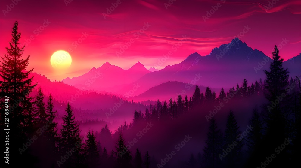 Fototapeta premium Stunning Sunset Over Majestic Mountains and Lush Forest Landscape