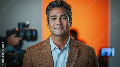 Asian middle age Male News Anchors Leading in Broadcast Journalism. photo