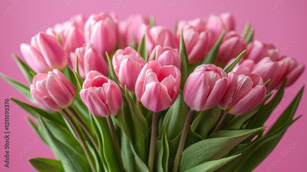 Obraz premium A beautiful bouquet of pink tulips stands tall against a soft pink backdrop, capturing the essence of spring with their fresh, vibrant blooms and lush greenery