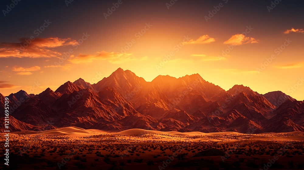Naklejka premium Breathtaking Sunset Over Rugged Mountains and Serene Desert Terrain