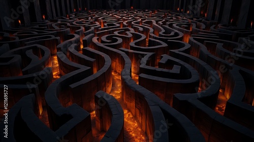 Fiery labyrinth, dark stone walls, glowing lava, complex path, challenge concept