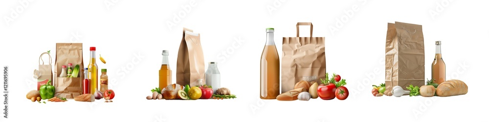 Set of Groceries Items with Paper Bag with Fresh Food for Shopping Isolated on White Background Set of Groceries Items with Paper Bag with Fresh Food for Shopping Isolated on White Background