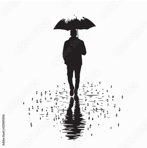 Silhouette of a Man Walking Alone with an Umbrella in the Calm and Quiet Rain Vector