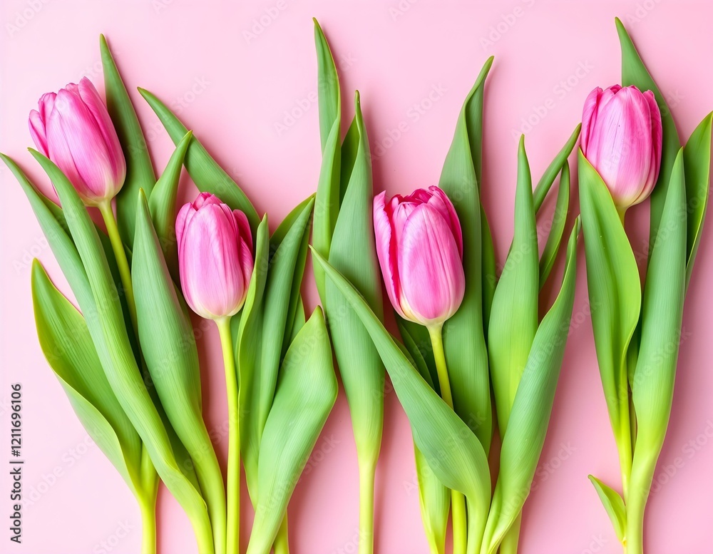 Obraz premium Delicate pink tulips with vibrant green leaves on a soft pastel pink background, creating a fresh and elegant floral arrangement. Horizontal layout.