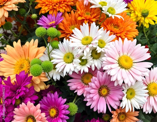 Colorful bouquet of daisies and chrysanthemums in vibrant shades of pink, orange, yellow, and white, creating a lively floral arrangement. Horizontal composition.
