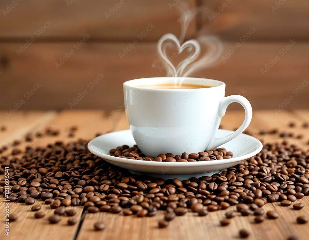 Steaming cup of coffee with a heart-shaped steam design surrounded by roasted coffee beans on a rustic wooden background. Horizontal layout. Steaming cup of coffee with a heart-shaped steam design surrounded by roasted coffee beans on a rustic wooden background. Horizontal layout.