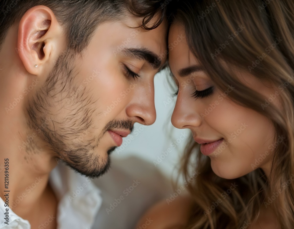 Romantic close-up of a smiling couple leaning foreheads together, sharing a tender and intimate moment. Horizontal composition. Romantic close-up of a smiling couple leaning foreheads together, sharing a tender and intimate moment. Horizontal composition.