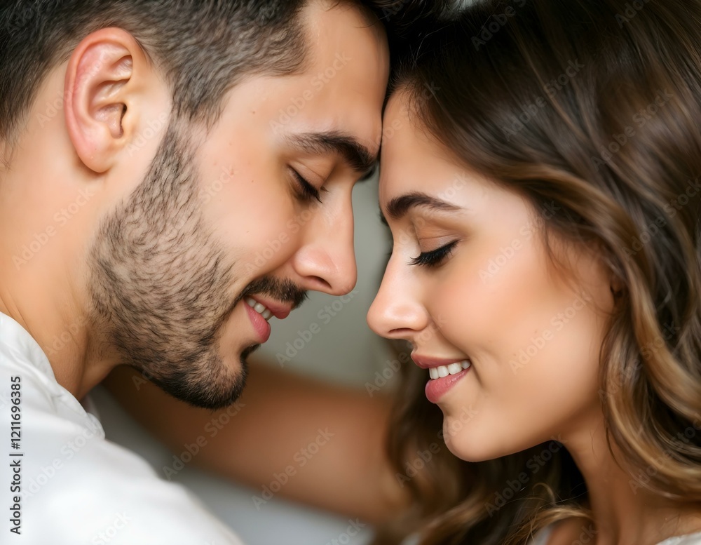 Romantic close-up of a smiling couple leaning foreheads together, sharing a tender and intimate moment. Horizontal composition. Romantic close-up of a smiling couple leaning foreheads together, sharing a tender and intimate moment. Horizontal composition.