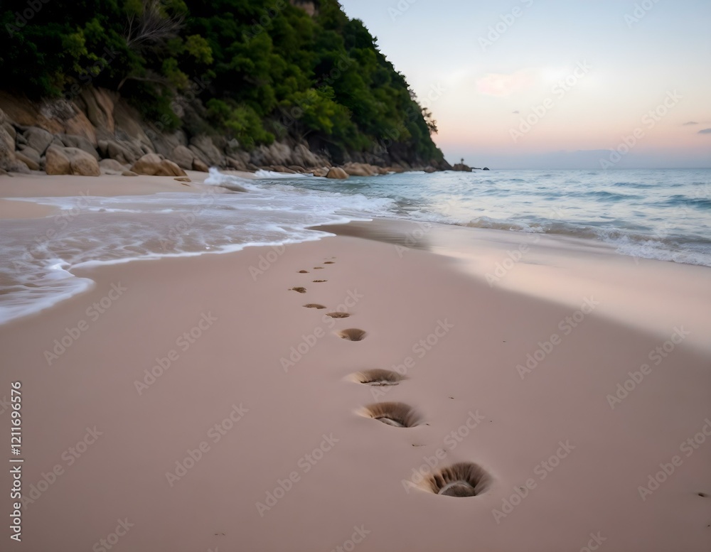 Footprints leading to the gentle waves of the ocean under a pastel pink and blue sky, creating a serene and tranquil beach scene. Horizontal composition. Footprints leading to the gentle waves of the ocean under a pastel pink and blue sky, creating a serene and tranquil beach scene. Horizontal composition.