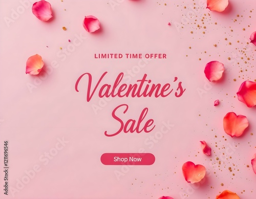 Valentine's Sale banner with pink rose petals and golden glitter accents on a pastel pink background. Horizontal promotional design.