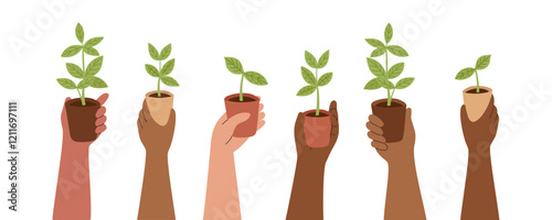 Set of green potted seedlings in human hands isolated on white. Vector flat cliparts. Spring, gardening, new life, business, save the planet concept.