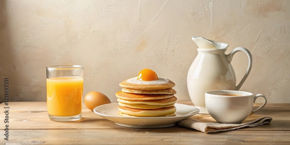 A delightful breakfast scene featuring a stack of fluffy pancakes topped with a vibrant yellow confection, accompanied by a glass of fresh orange juice, a cup of warm beverage, and a raw egg. A delightful breakfast scene featuring a stack of fluffy pancakes topped with a vibrant yellow confection, accompanied by a glass of fresh orange juice, a cup of warm beverage, and a raw egg.
