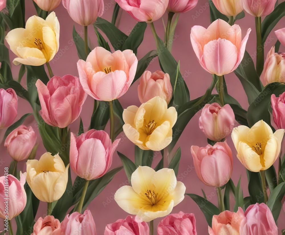 Obraz premium Delicate tulip blooms in shades of pink and yellow forming a seamless and elegant pattern, sophisticated, artistic patterns, blossoming flowers