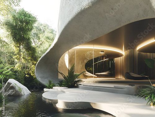 futuristic Bungalow with clean-cut geometry and innovative materials, bathed in natural light from the surrounding landscape. 