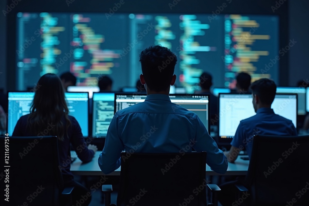 A Team of Software Developers Collaborating on Coding, Testing, and Building Applications in a Modern Tech Workspace A Team of Software Developers Collaborating on Coding, Testing, and Building Applications in a Modern Tech Workspace