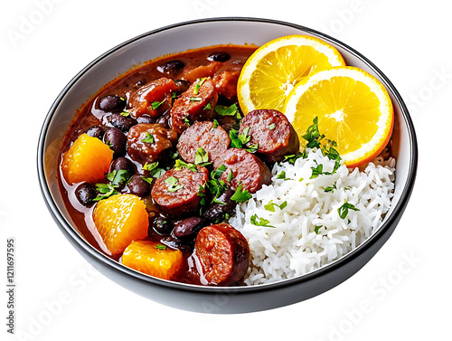 Savoring delicious spicy sausage stew with rice kitchen food photography bright close-up photo