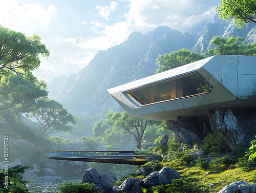 futuristic Bungalow with clean-cut geometry and innovative materials, bathed in natural light from the surrounding landscape. 