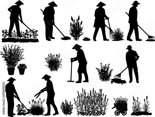 Set of black silhouettes of gardeners working in garden.