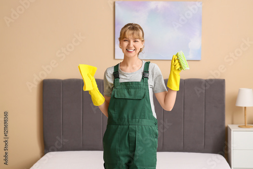 Female janitor with rag and...