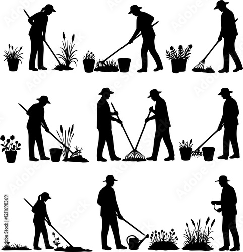 Set of black silhouettes of gardeners working in garden.