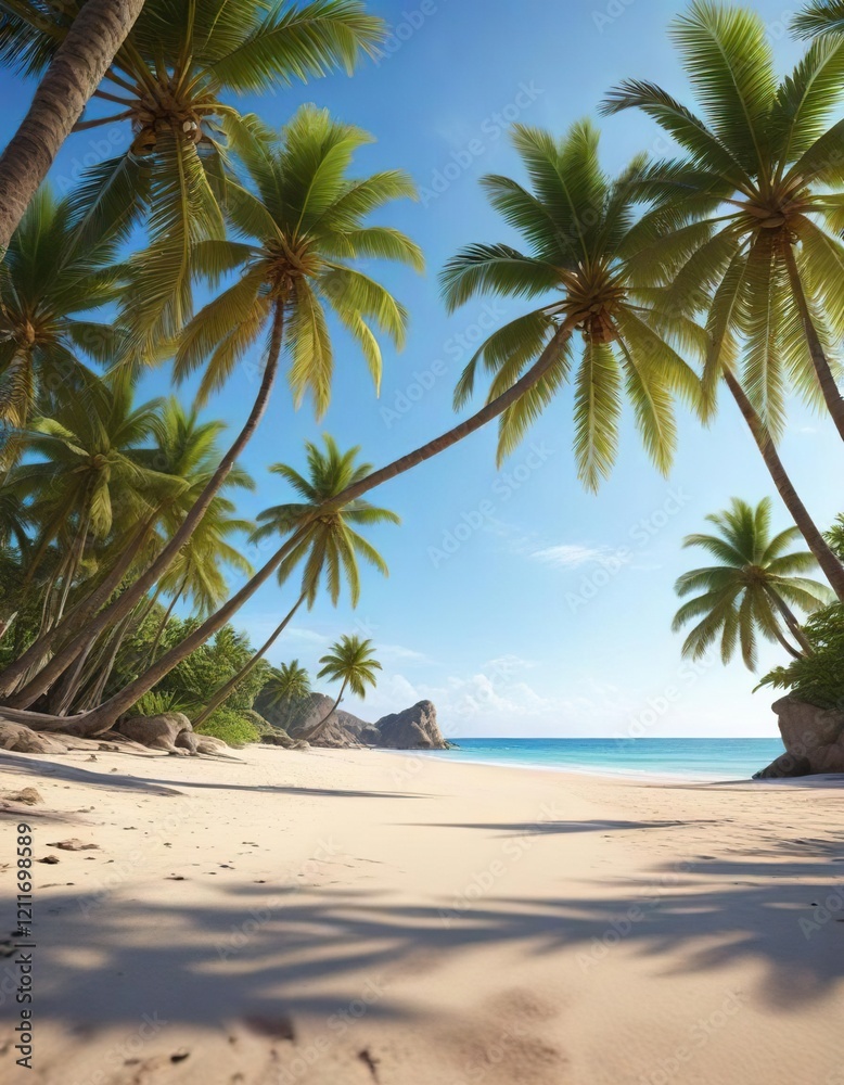 Fototapeta premium Serenity on a tropical sandy beach with palm trees and clear blue sky, sandy beach, tropical, coastal