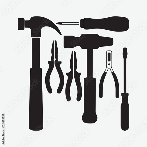 Explore a versatile tool kit silhouette design, ideal for logos, branding, and creative projects. High-quality vector art featuring tools for DIY enthusiasts and professional craftsmen