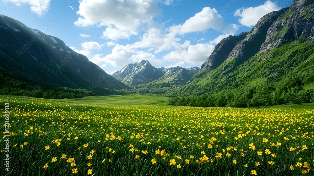 Vibrant Spring Meadow with Yellow Flowers and Majestic Mountains Vibrant Spring Meadow with Yellow Flowers and Majestic Mountains