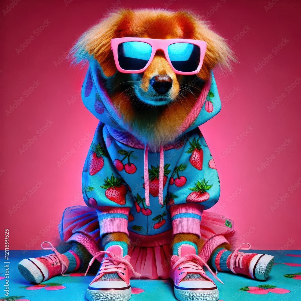 Fototapeta premium A fashionable dog decked out in a colorful hoodie and sunglasses sits confidently on a bright blue surface